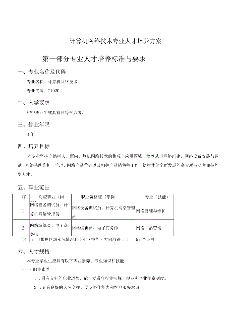 计算机网络技术专业人才培养方案第一部分专业人才培养标准与要求.docx_第1页