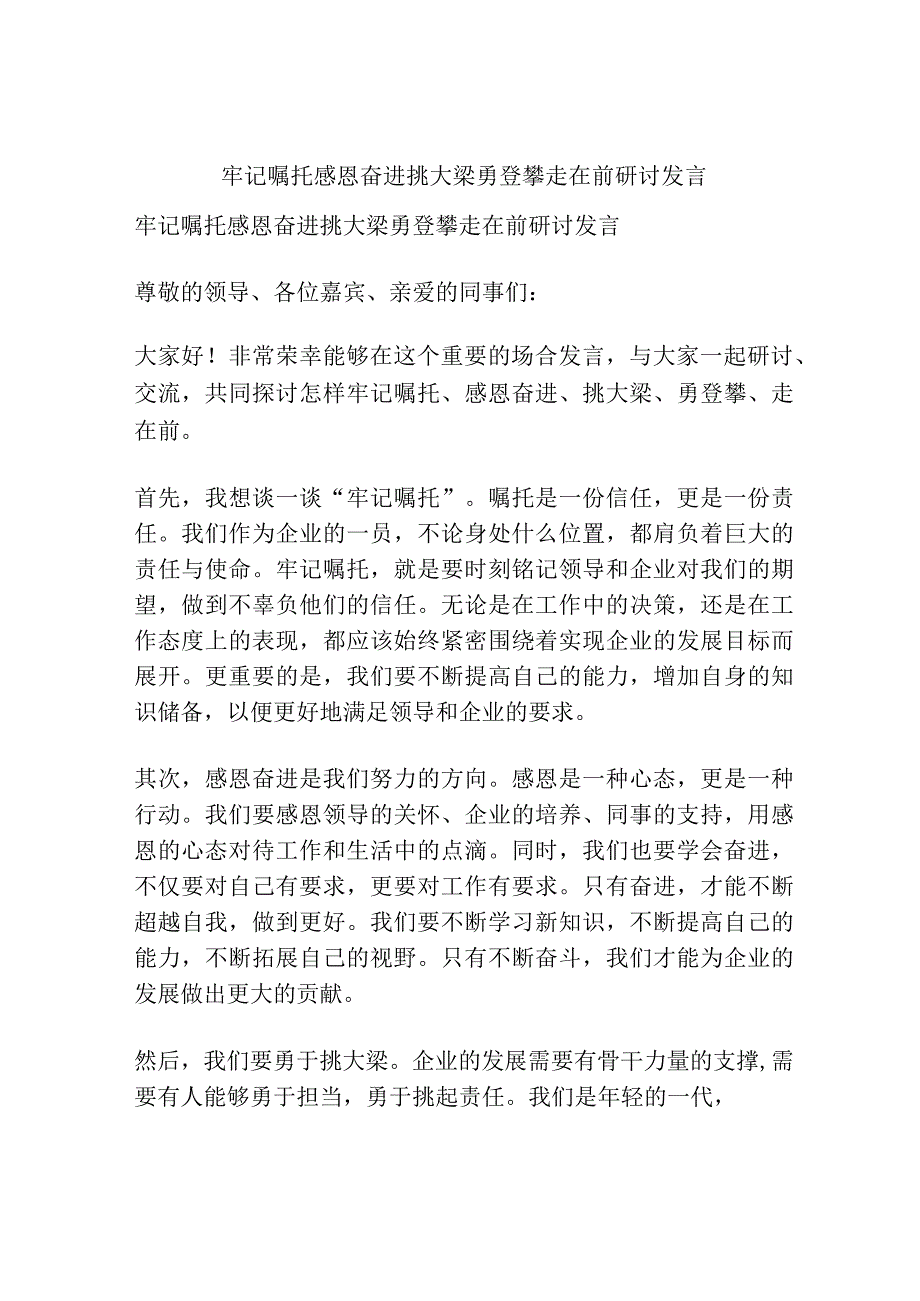 牢记嘱托感恩奋进挑大梁勇登攀走在前研讨发言.docx_第1页