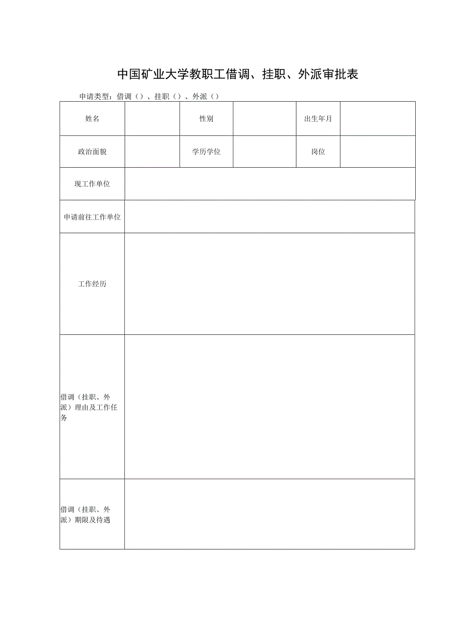 中国矿业大学教职工借调、挂职、外派审批表.docx_第1页