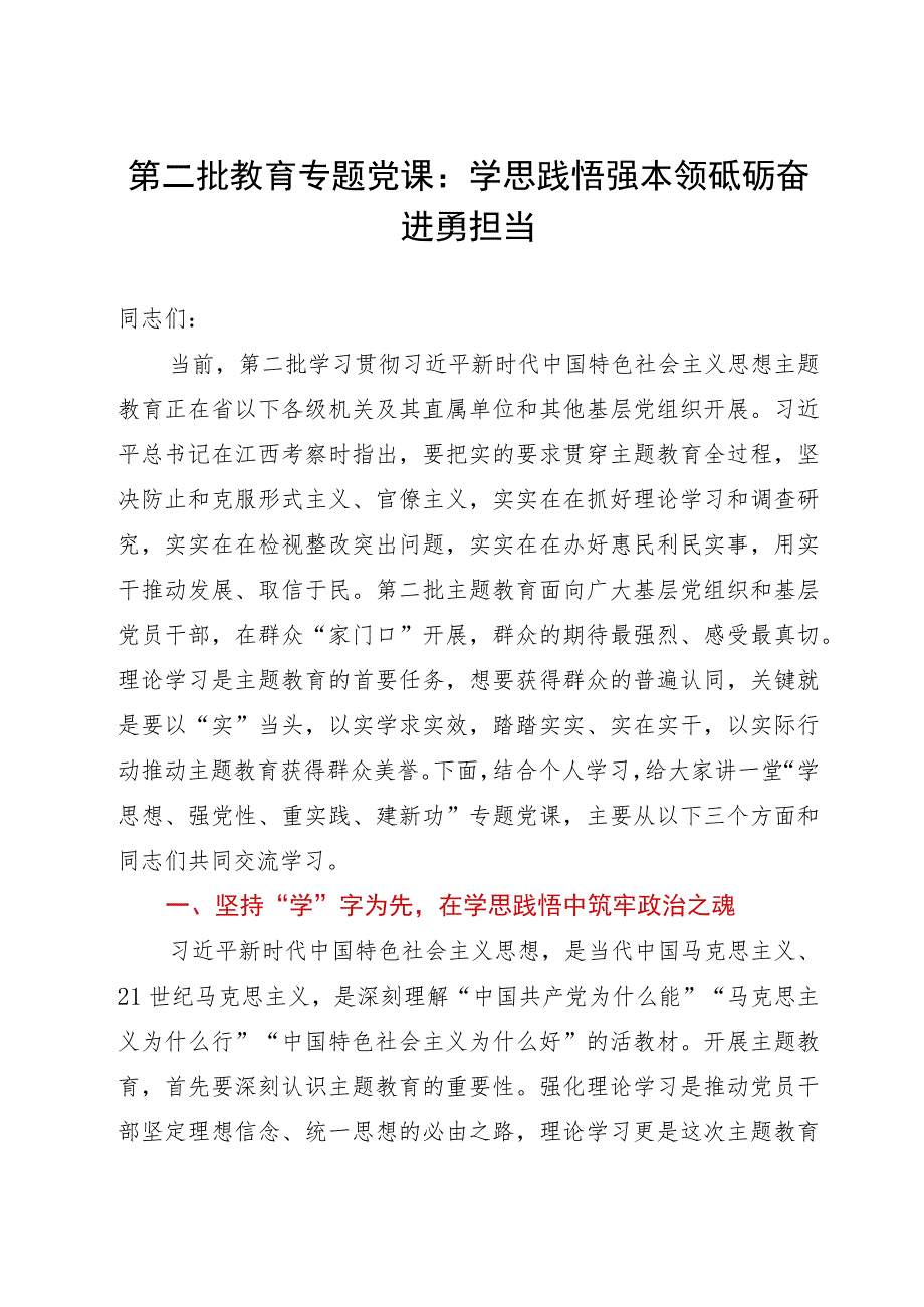 第二批教育专题党课：学思践悟强本领砥砺奋进勇担当.docx_第1页