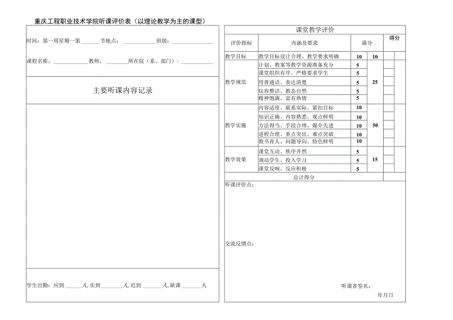 重庆工程职业技术学院听课评价表以理论教学为主的课型.docx_第1页