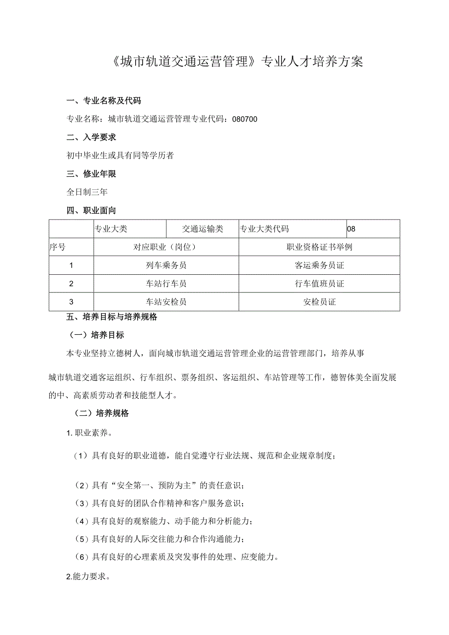 《城市轨道交通运营管理》专业人才培养方案.docx_第1页