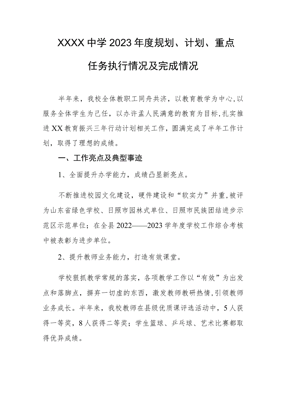 中学2023年度规划、计划、重点任务执行情况及完成情况.docx_第1页