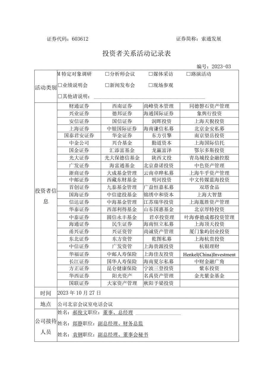 证券代码603612证券简称索通发展投资者关系活动记录表.docx_第1页