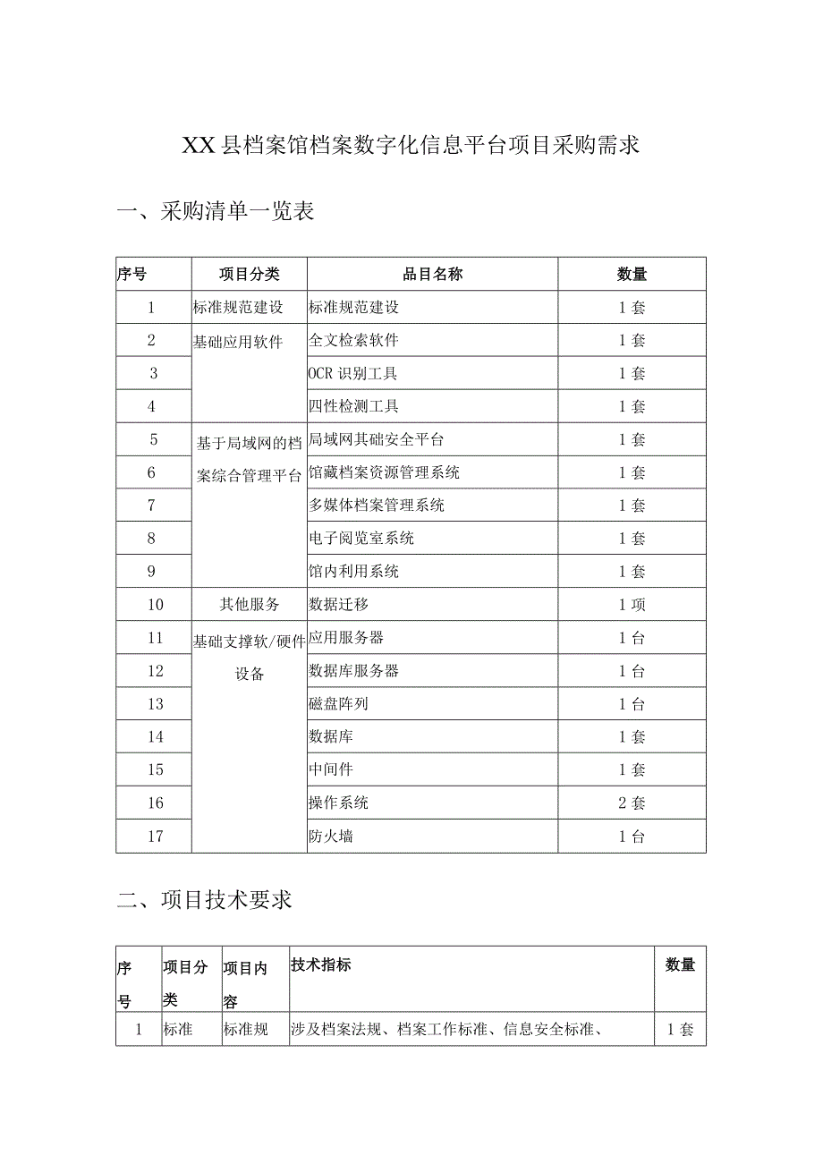 XX县档案馆档案数字化信息平台项目采购需求.docx_第1页