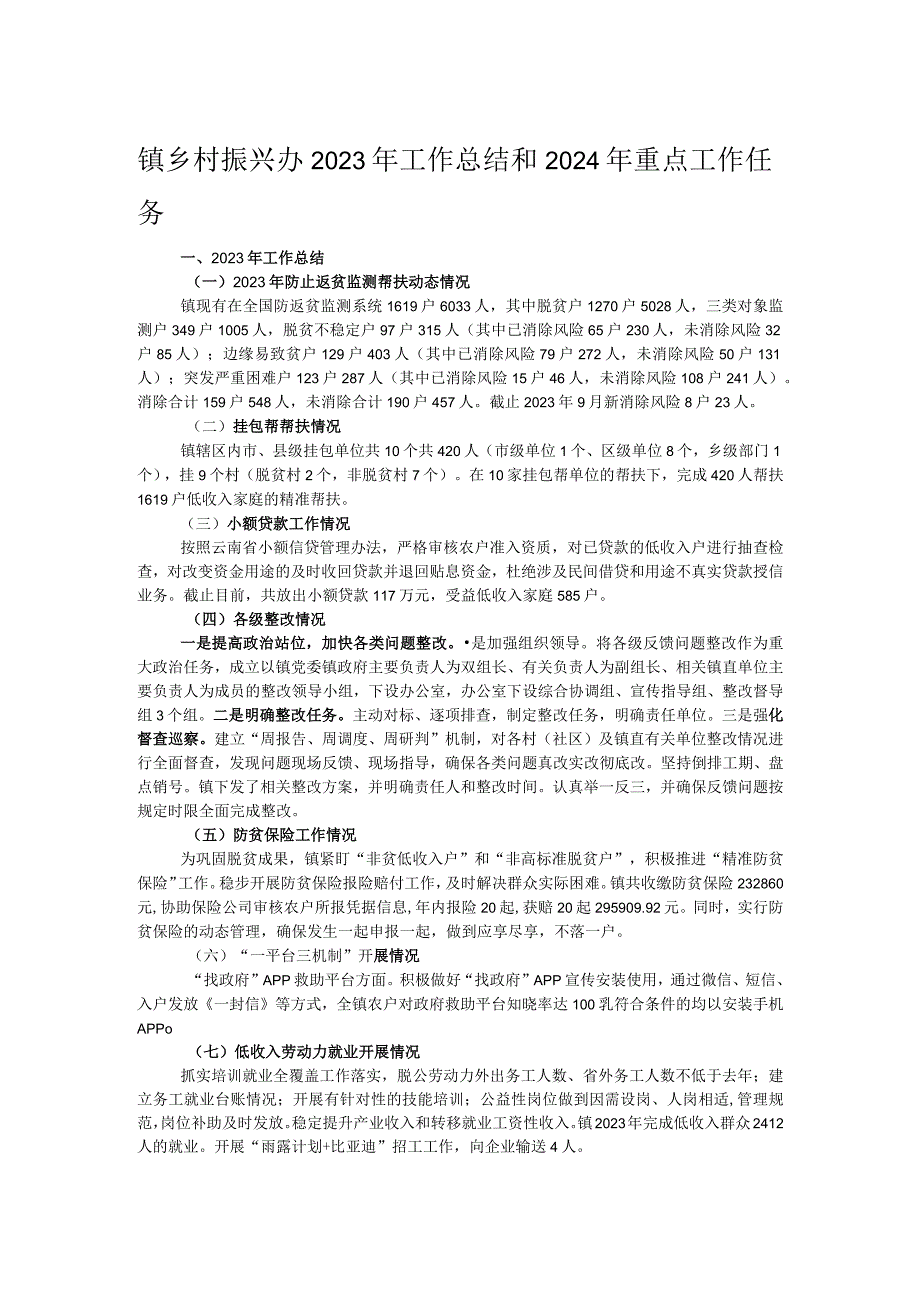 镇乡村振兴办2023年工作总结和2024年重点工作任务.docx_第1页