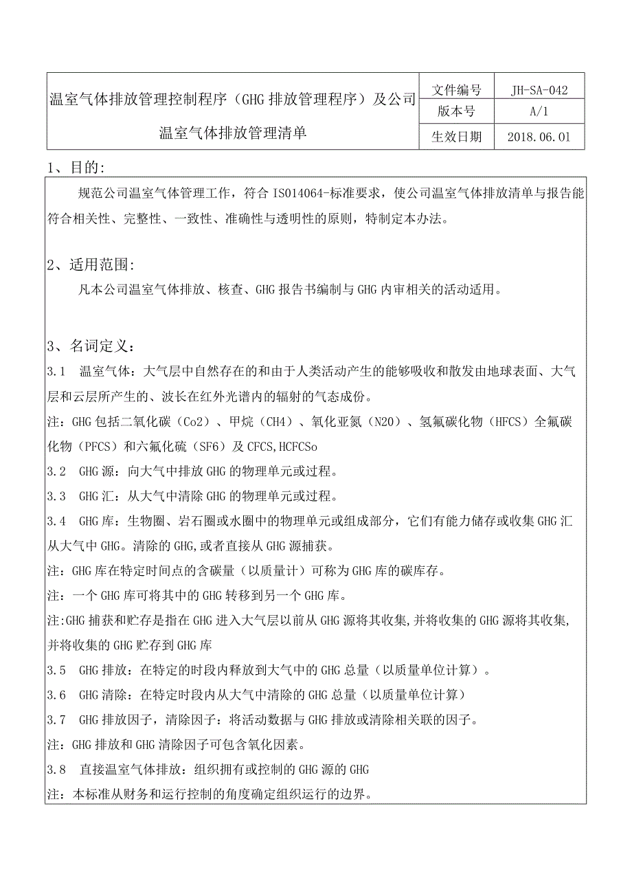 温室气体排放管理控制程序(GHG排放管理程序)及公司温室气体排放管理清单.docx_第1页