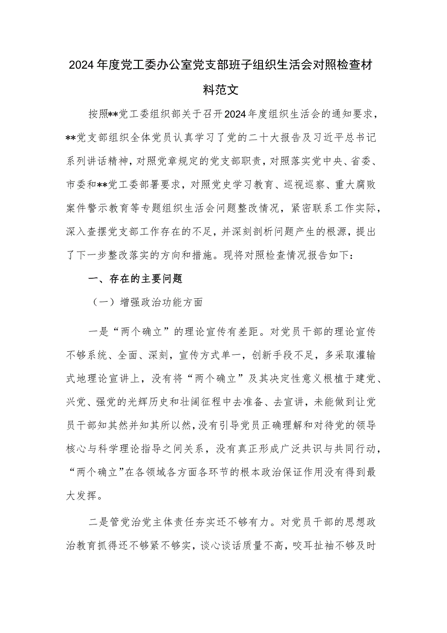 2024年度党工委办公室党支部班子组织生活会对照检查材料范文.docx_第1页