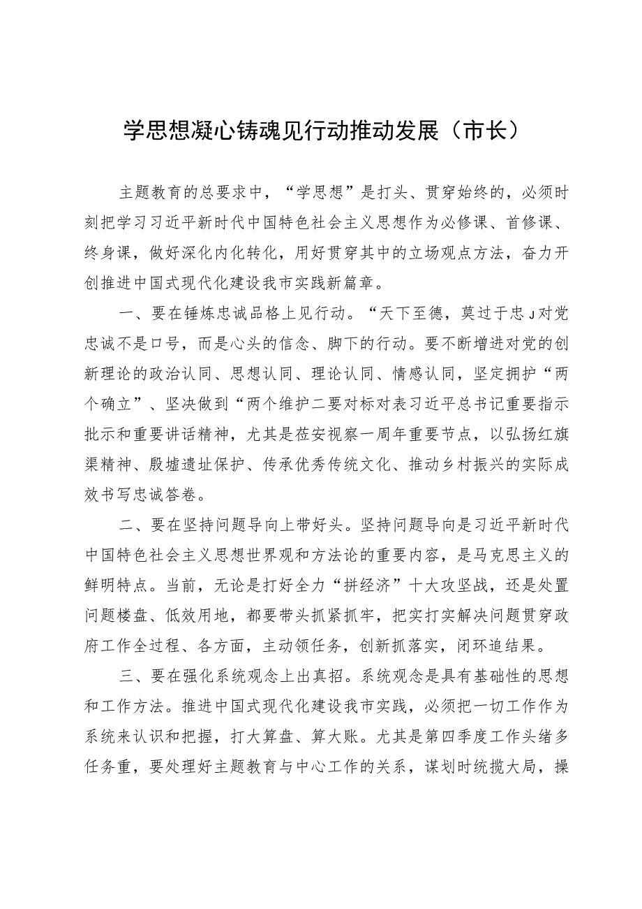 市长主题教育研讨发言：学思想凝心铸魂 见行动推动发展.docx_第1页