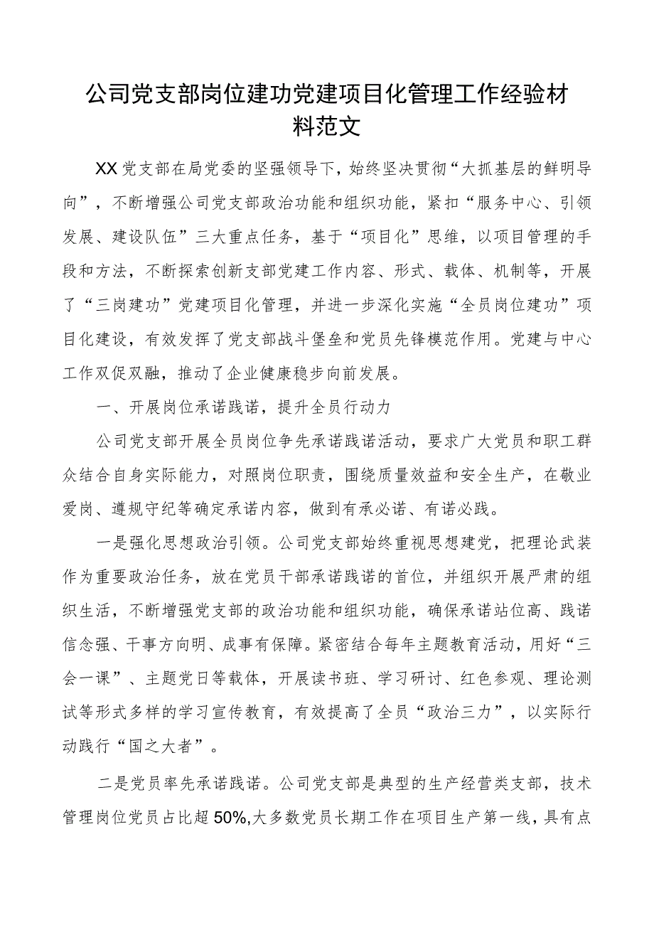 公司党支部岗位建功党建项目化管理工作经验材料范文.docx_第1页