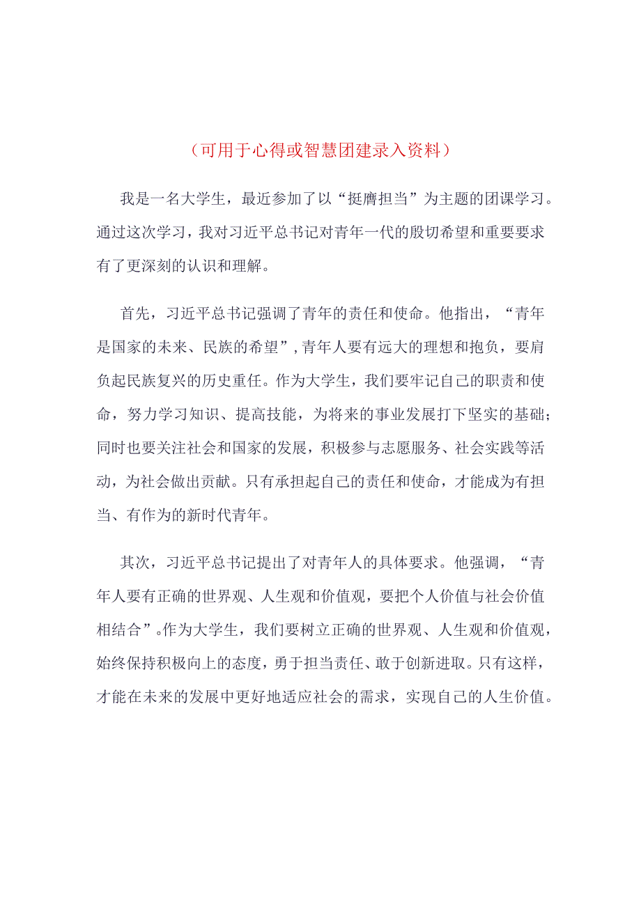 团支书学习“挺膺担当”主题团课(4篇合集）.docx_第1页