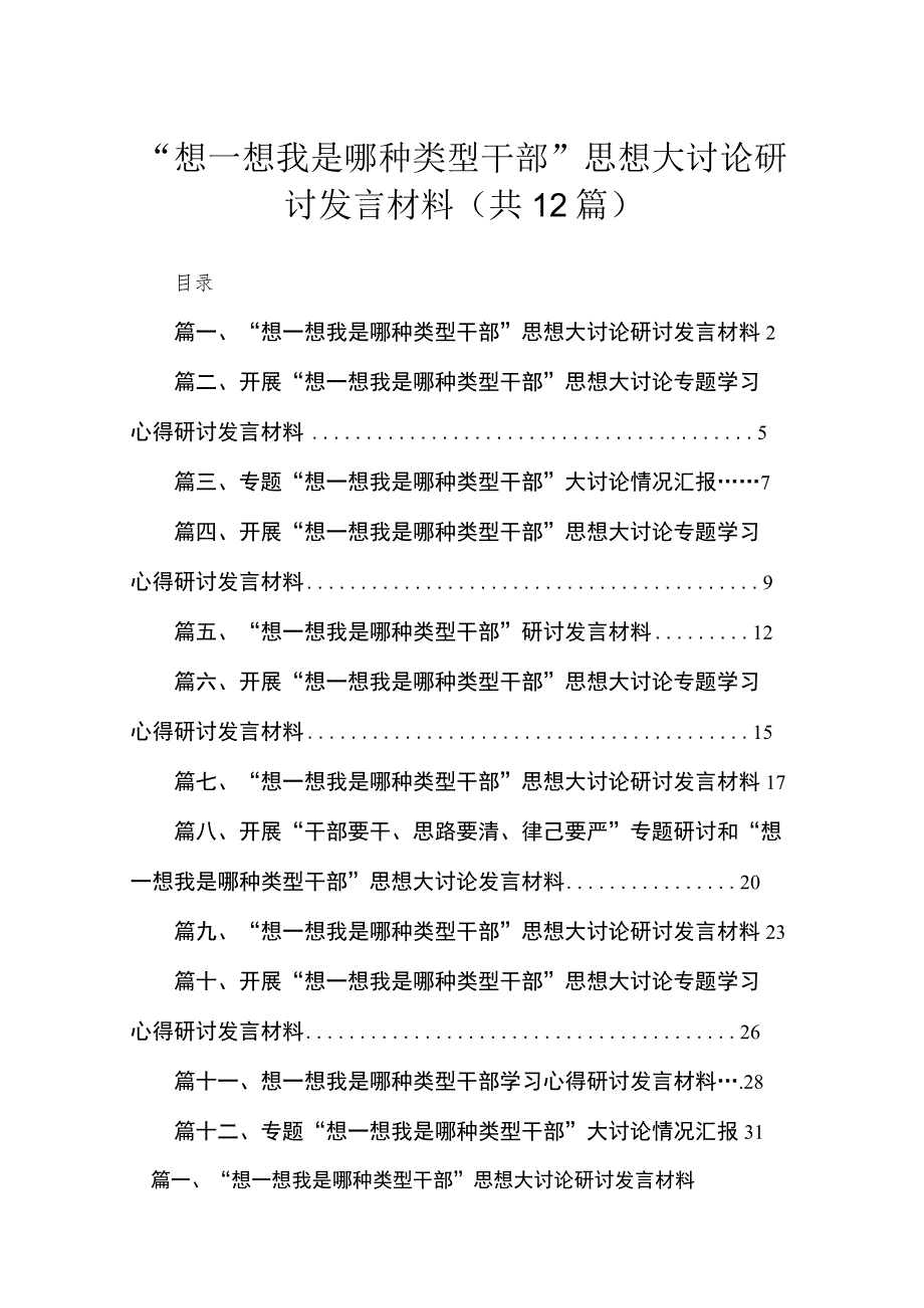 （12篇）“想一想我是哪种类型干部”思想大讨论研讨发言材料范文.docx_第1页