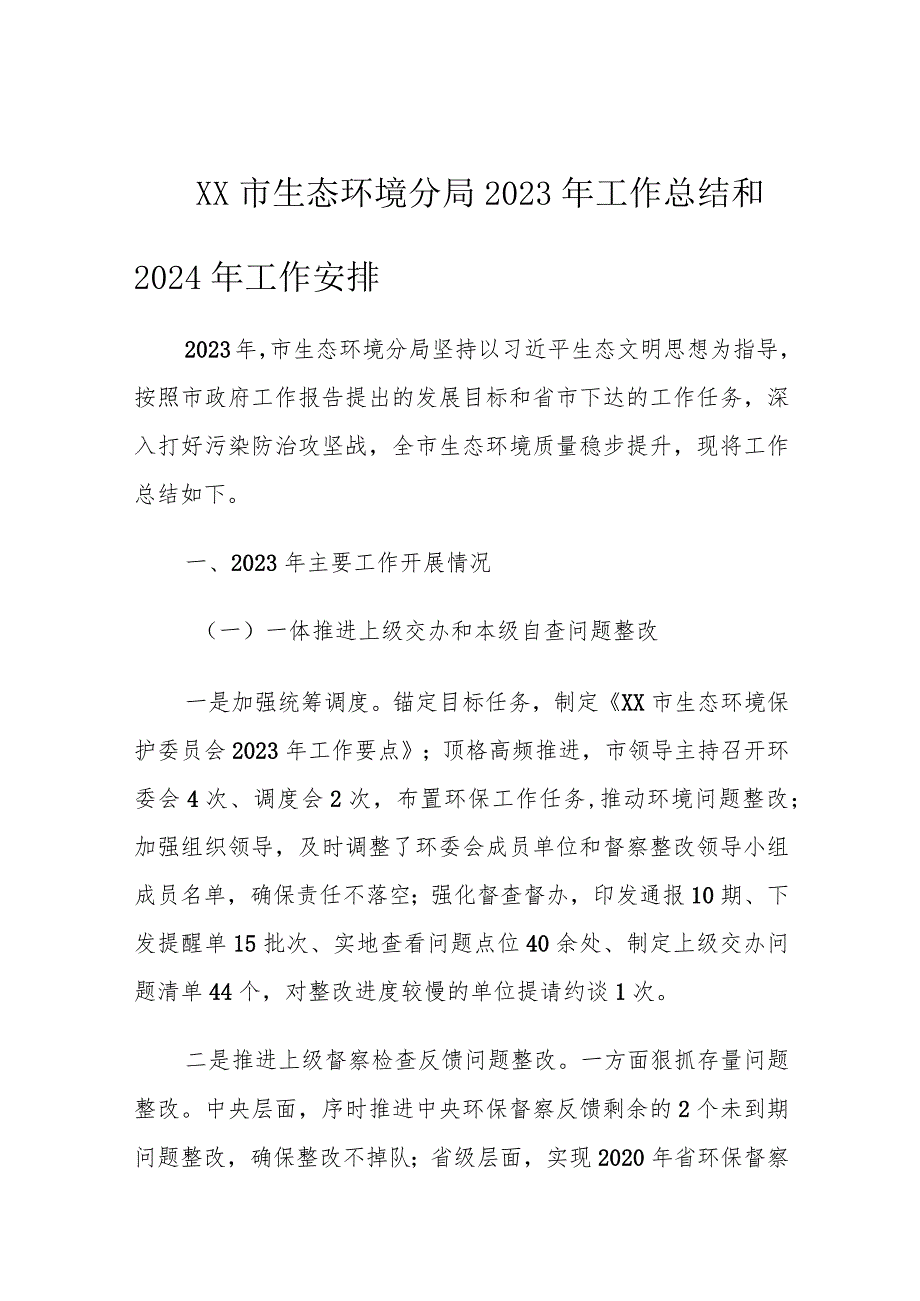 XX市生态环境分局2023年工作总结和2024年工作安排.docx_第1页