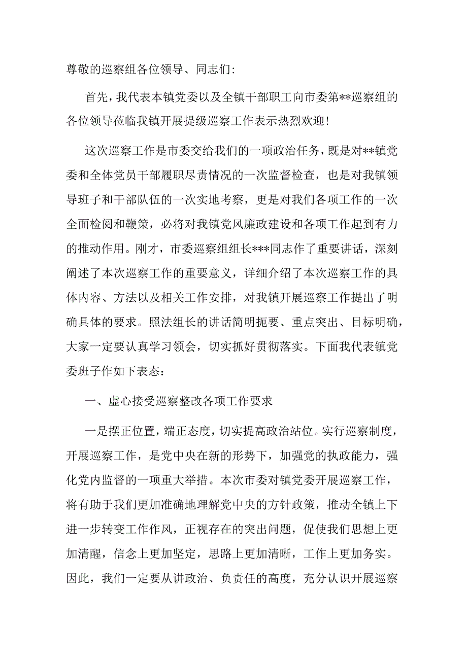 某乡镇党委书记在巡察工作动员会上的表态发言.docx_第1页