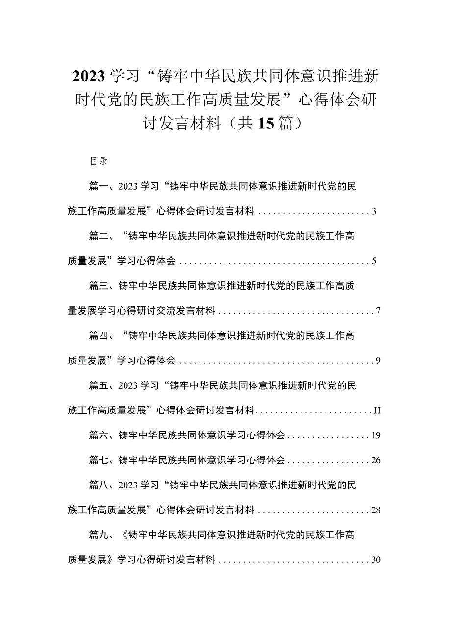 学习“铸牢中华民族共同体意识推进新时代党的民族工作高质量发展”心得体会研讨发言材料最新精选版【15篇】.docx_第1页