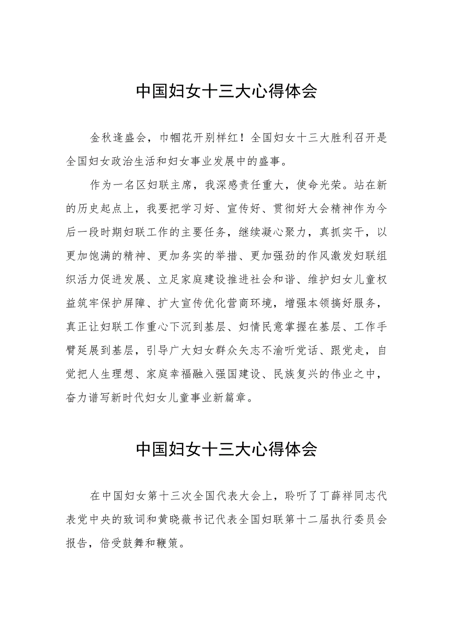 妇联主席学习中国妇女第十三次全国代表大会精神心得体会十八篇.docx_第1页