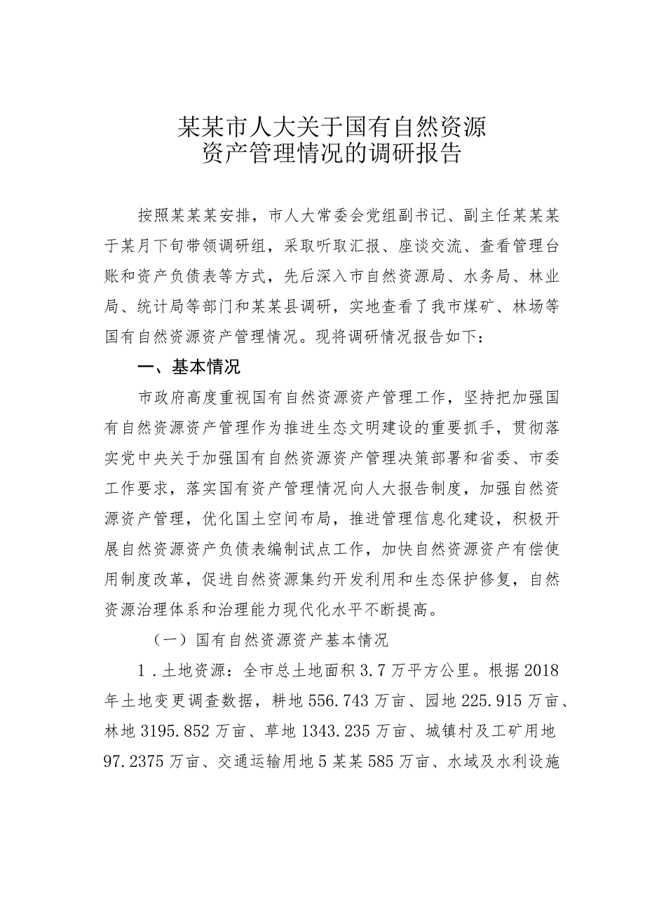 某某市人大关于国有自然资源资产管理情况的调研报告.docx_第1页