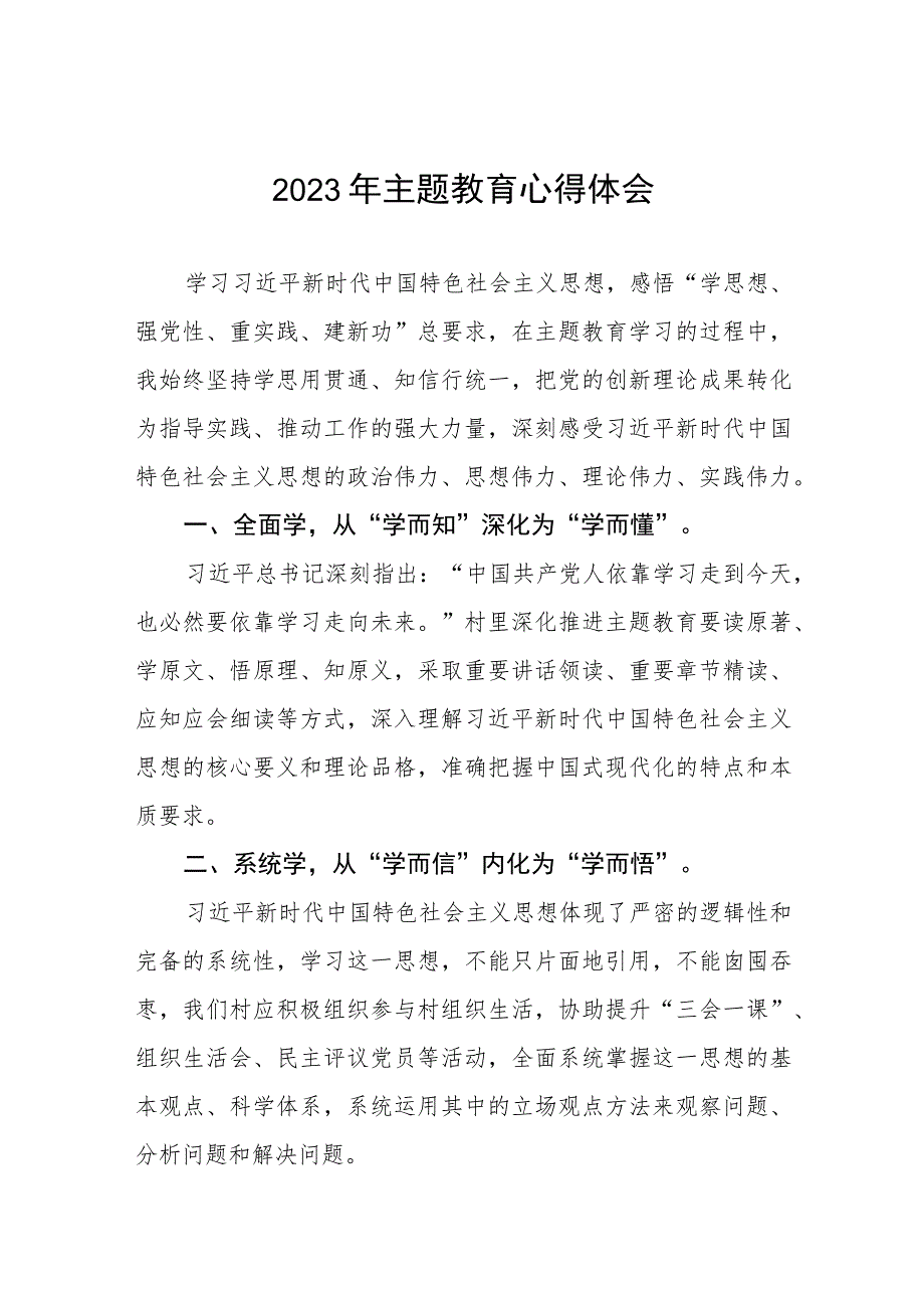 村支部书记关于2023年第二批主题教育的心得体会五篇.docx_第1页