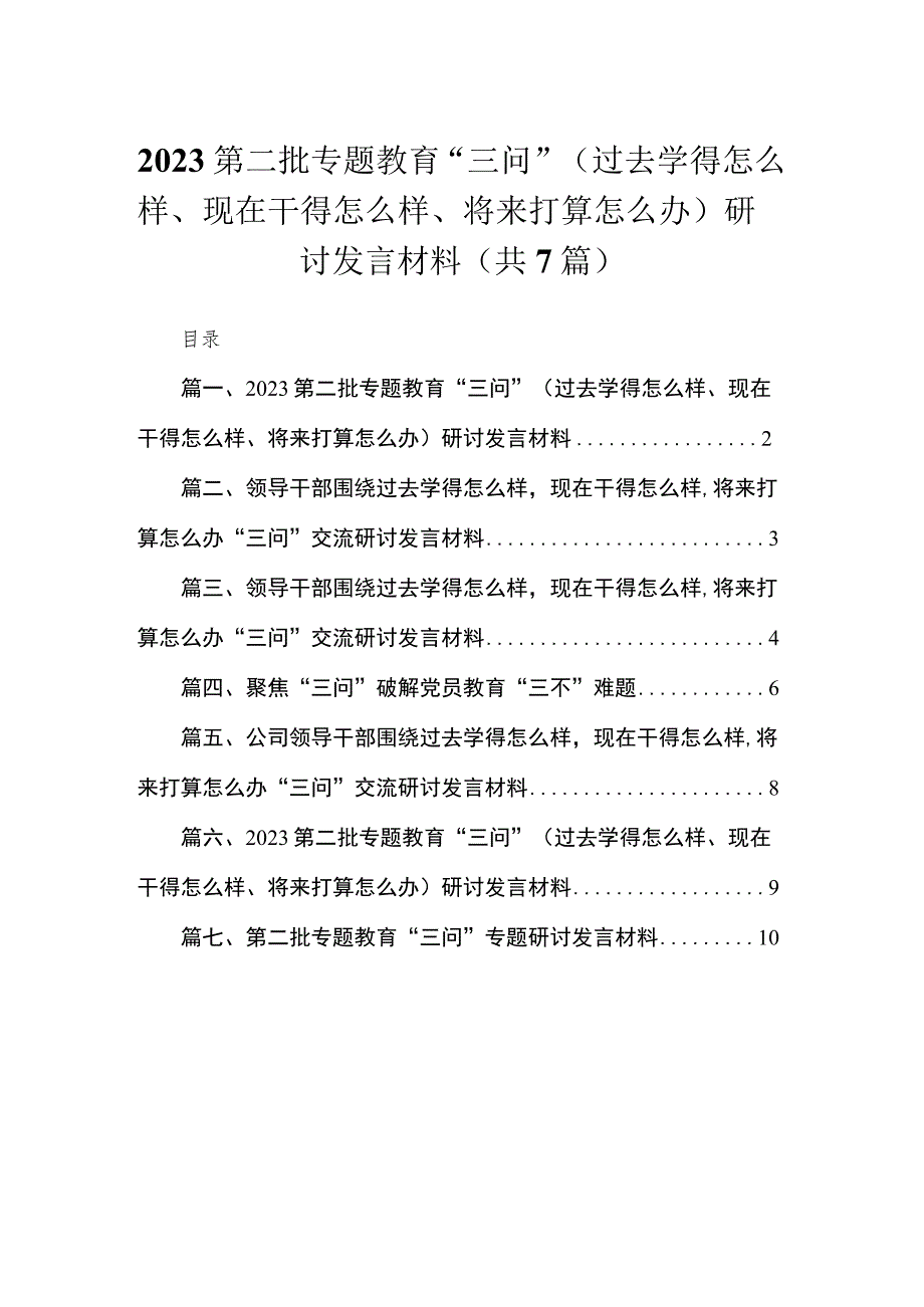 2023第二批专题教育“三问”（过去学得怎么样、现在干得怎么样、将来打算怎么办）研讨发言材料（共7篇）.docx_第1页