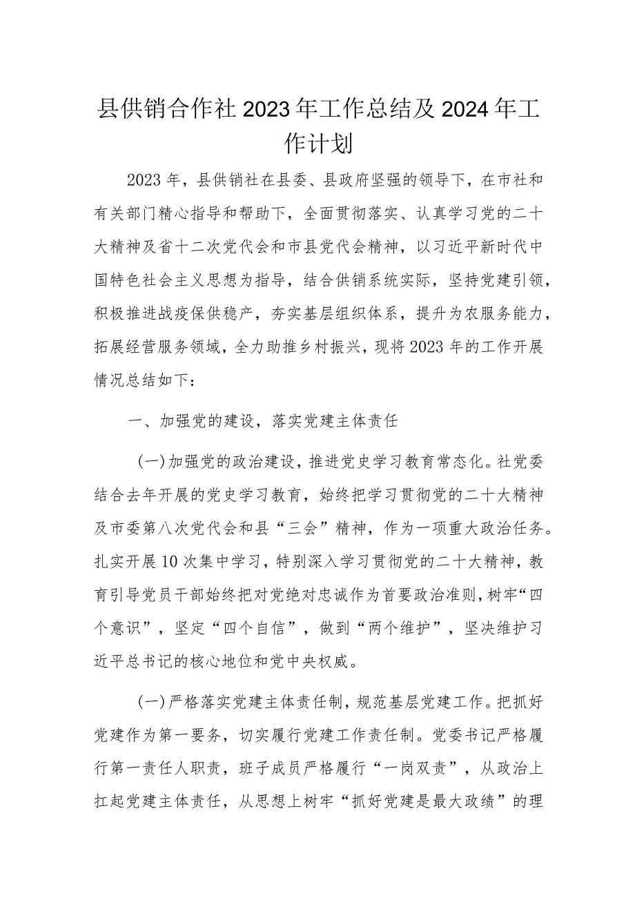 县供销合作社2023年工作总结及2024年工作计划.docx_第1页