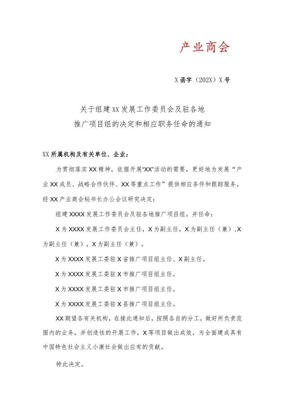 关于组建XX发展工作委员会及驻各地推广项目组的决定和相应职务任命的通知（2023年）.docx_第1页