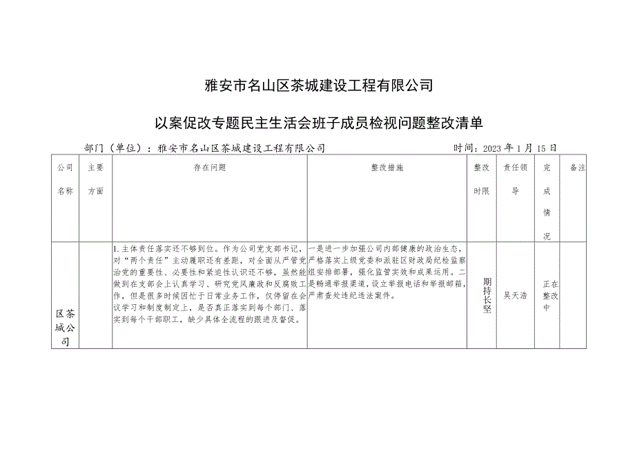 公司以案促改专题民主生活会班子成员检视问题整改清单整改台账.docx_第1页