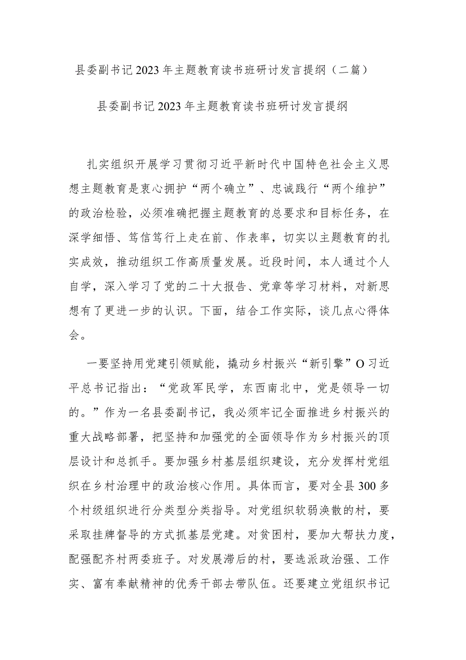 县委副书记2023年主题教育读书班研讨发言提纲(二篇).docx_第1页