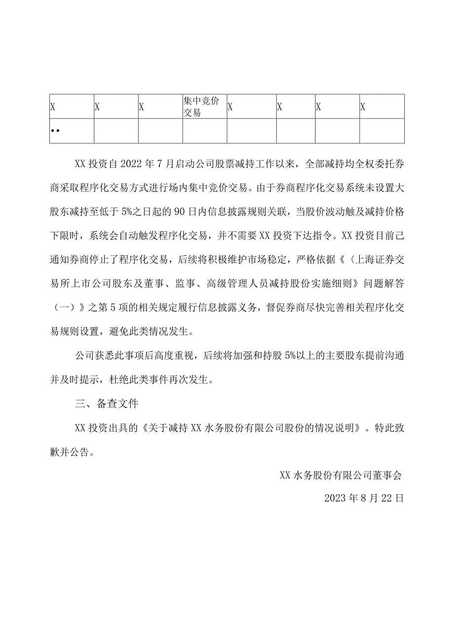 XX水务股份有限公司关于股东减持公司股份及致歉公告.docx_第2页