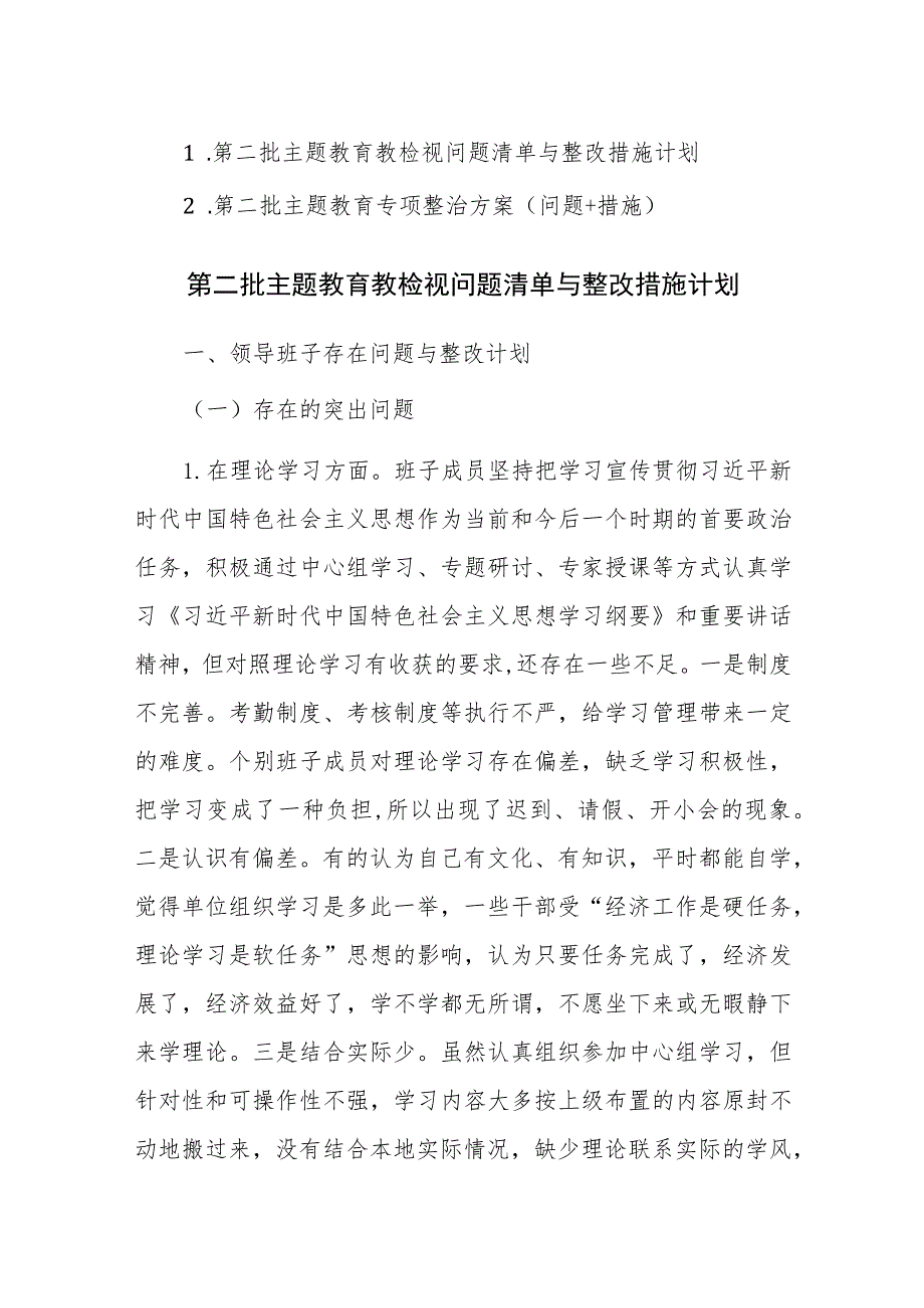 第二批主题教育教检视问题清单与整改措施计划及专项整治方案（问题+措施）范文2篇.docx_第1页