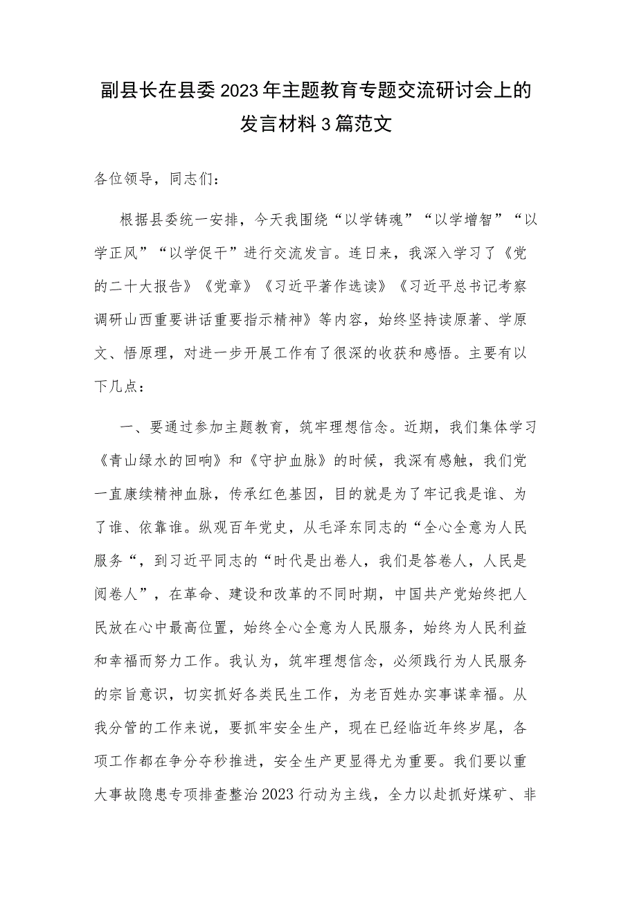 副县长在县委2023年主题教育专题交流研讨会上的发言材料3篇范文.docx_第1页