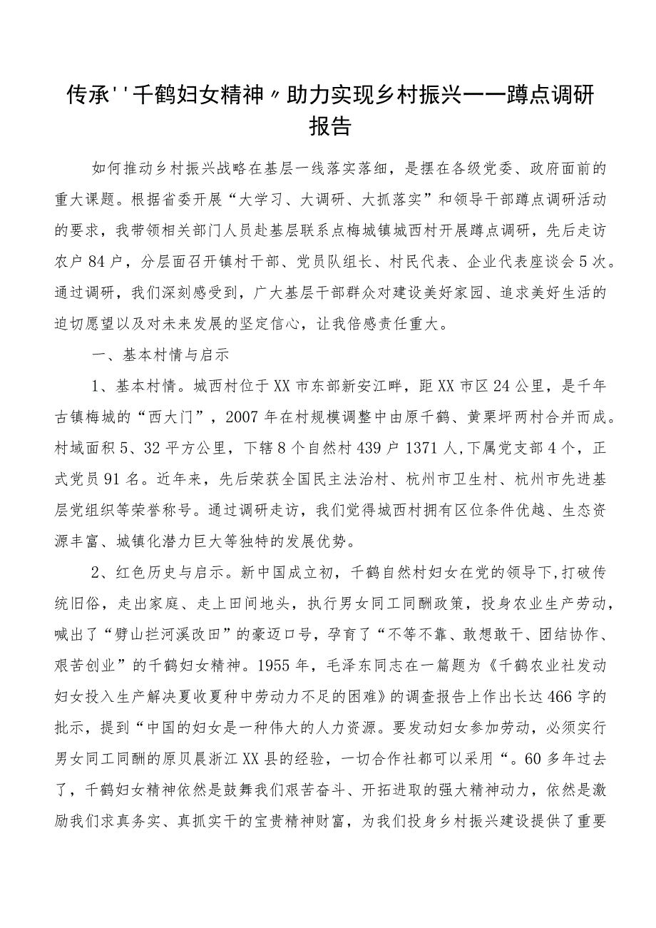 传承“千鹤妇女精神” 助力实现乡村振兴——蹲点调研报告.docx_第1页