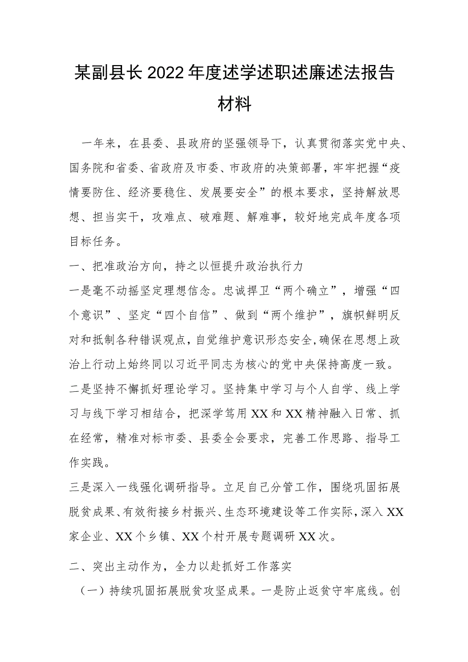 某副县长2022年度述学述职述廉述法报告材料.docx_第1页