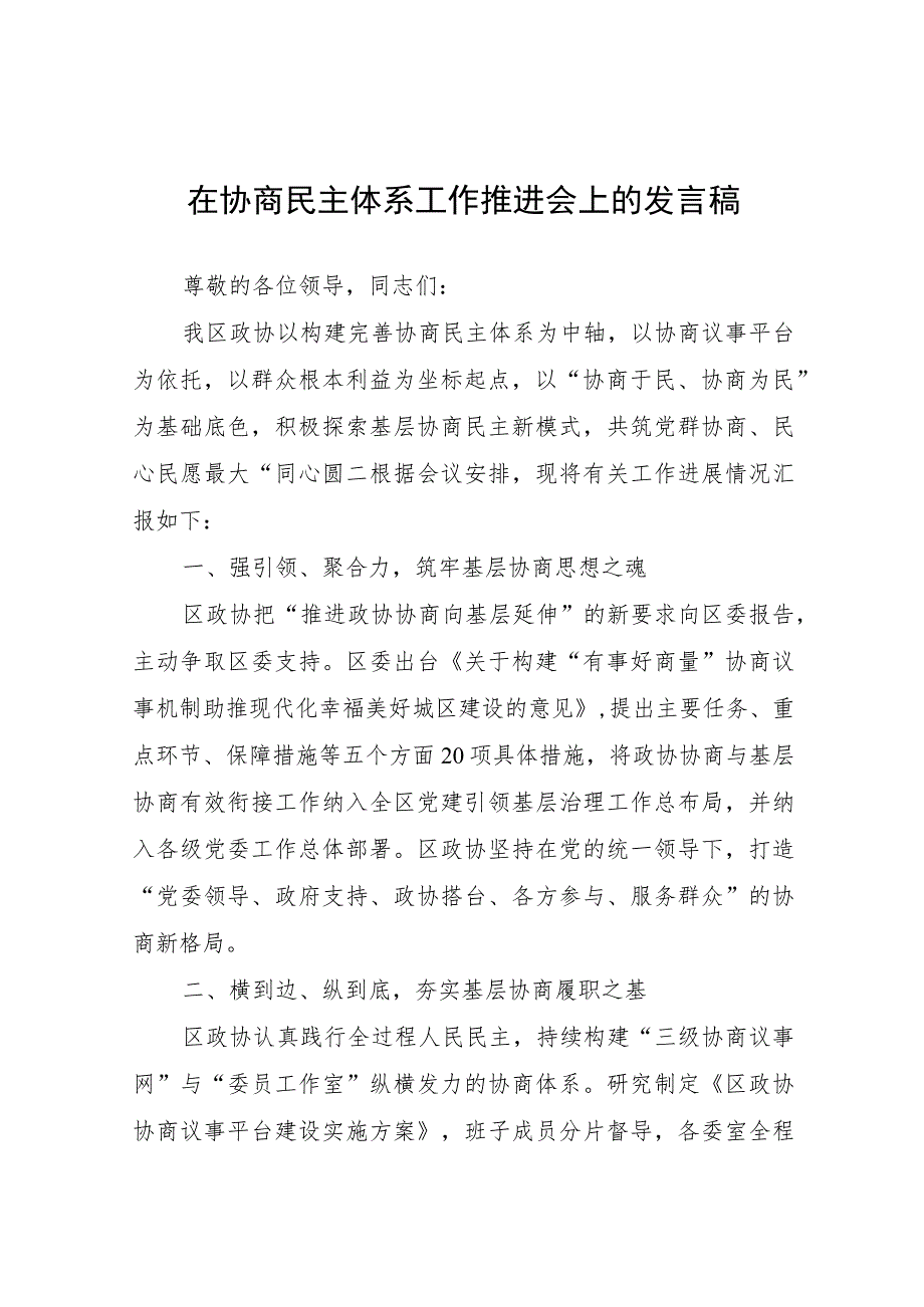 在协商民主体系工作推进会上的发言稿.docx_第1页