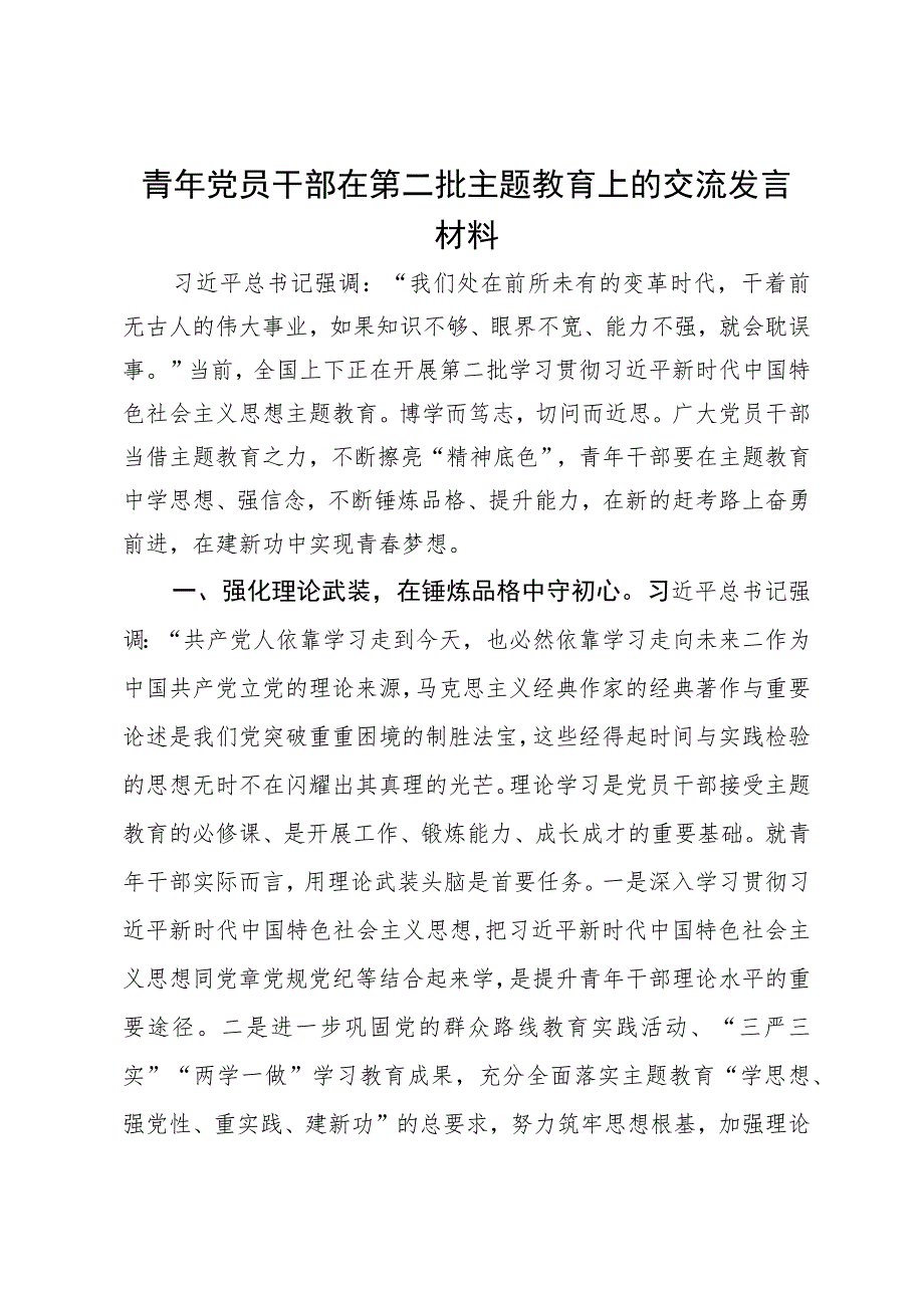 青年党员干部在第二批主题教育上的交流发言材料.docx_第1页