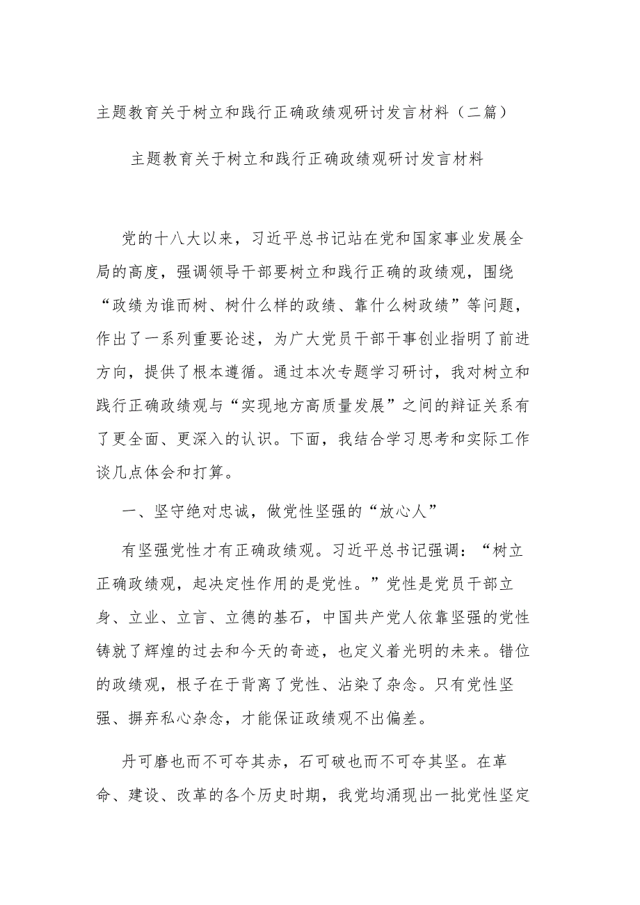 主题教育关于树立和践行正确政绩观研讨发言材料(二篇).docx_第1页