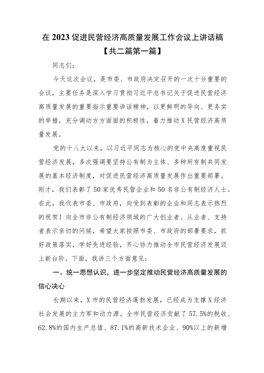 （2篇）在2023促进民营经济高质量发展工作会议上讲话稿.docx_第1页