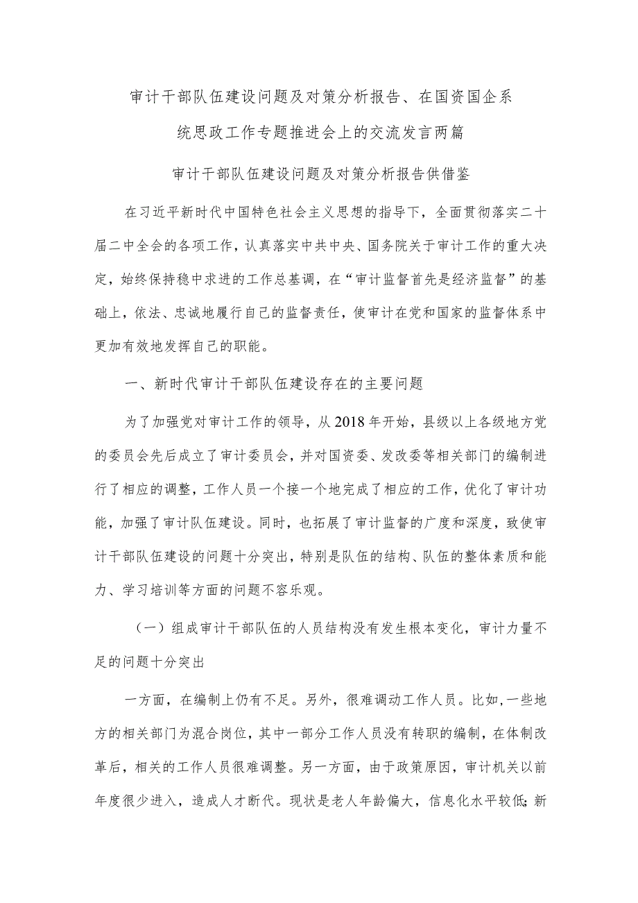 审计干部队伍建设问题及对策分析报告、在国资国企系统思政工作专题推进会上的交流发言两篇.docx_第1页