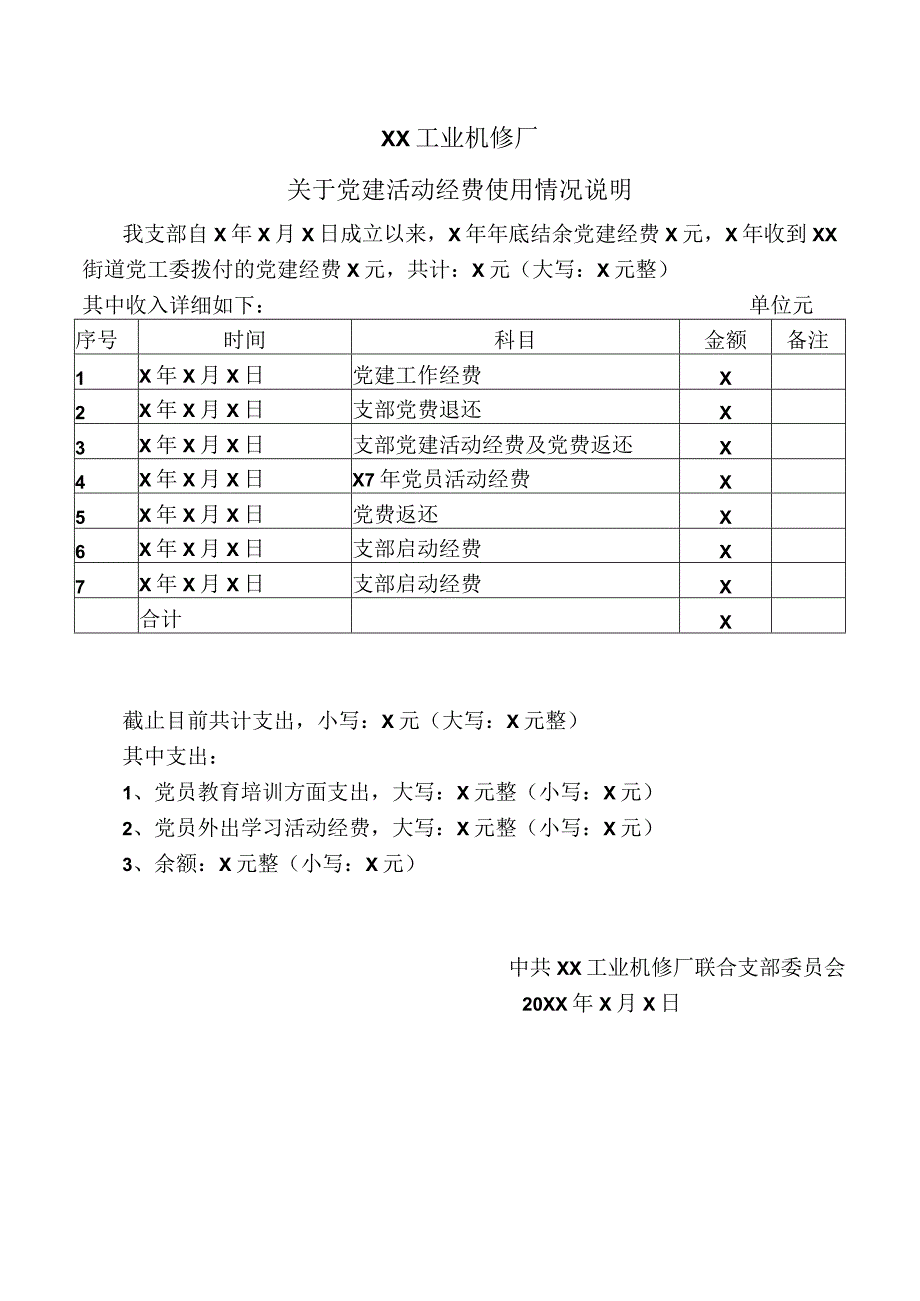 XX工业机修厂关于党建活动经费使用情况说明（2023年）.docx_第1页