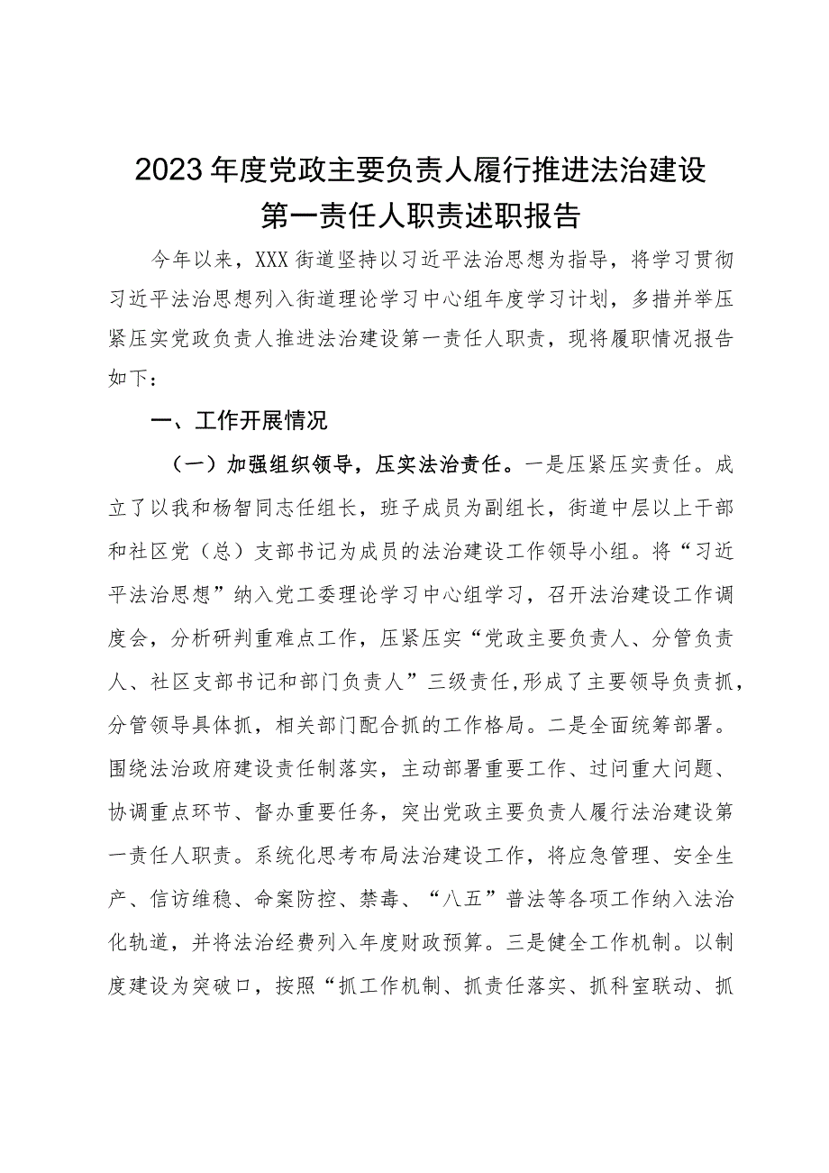 2023年度党政主要负责人履行推进法治建设第一责任人职责述职报告.docx_第1页