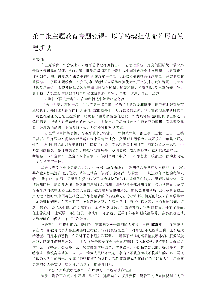 第二批主题教育专题党课：以学铸魂担使命踔厉奋发建新功.docx_第1页