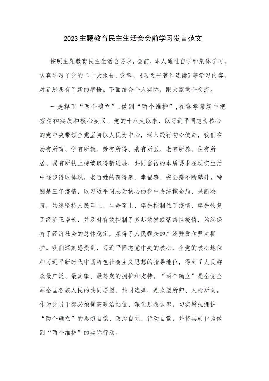 2023主题教育民主生活会会前学习发言范文.docx_第1页