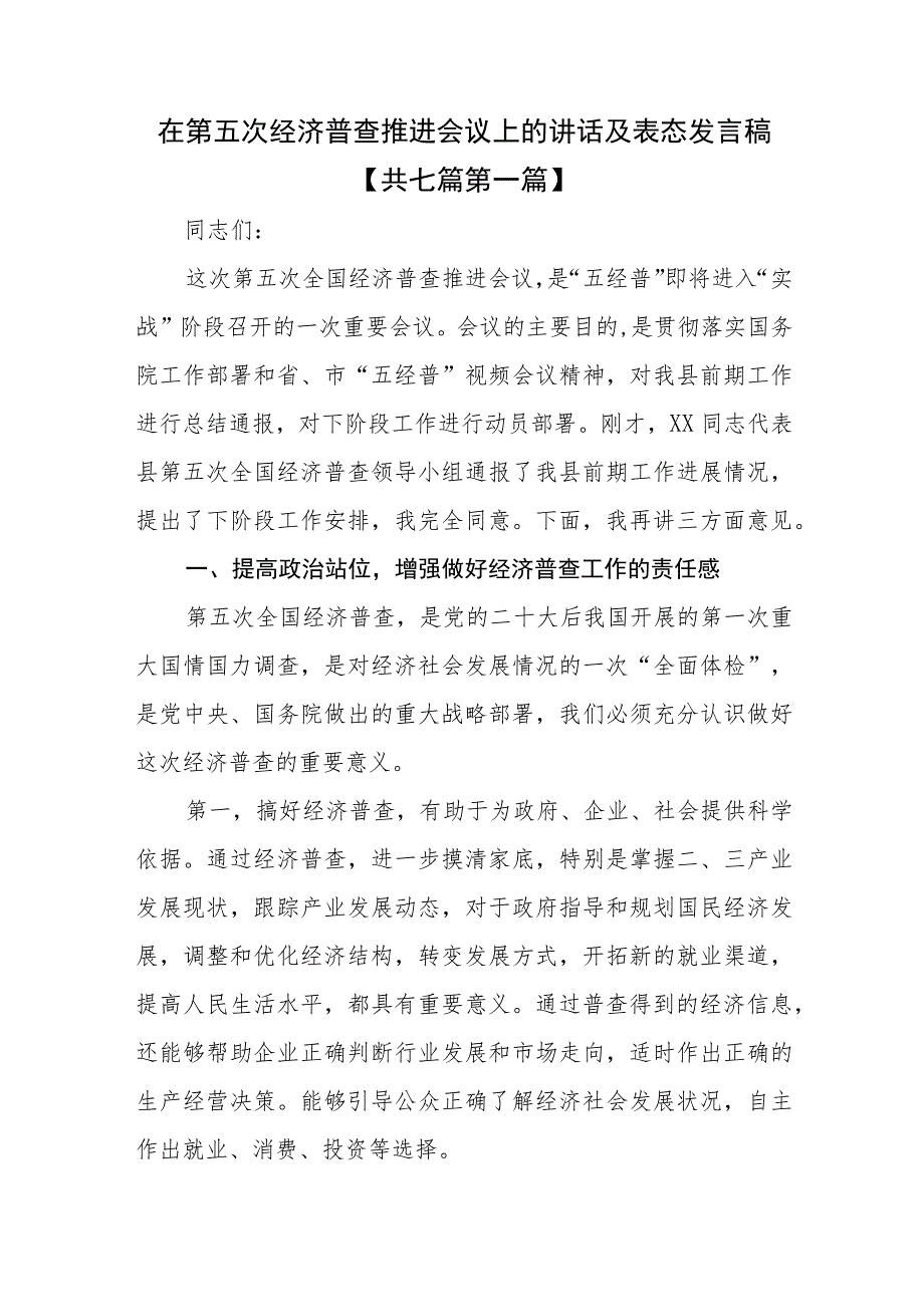 （7篇）在第五次经济普查推进会议上的讲话及表态发言稿.docx_第1页