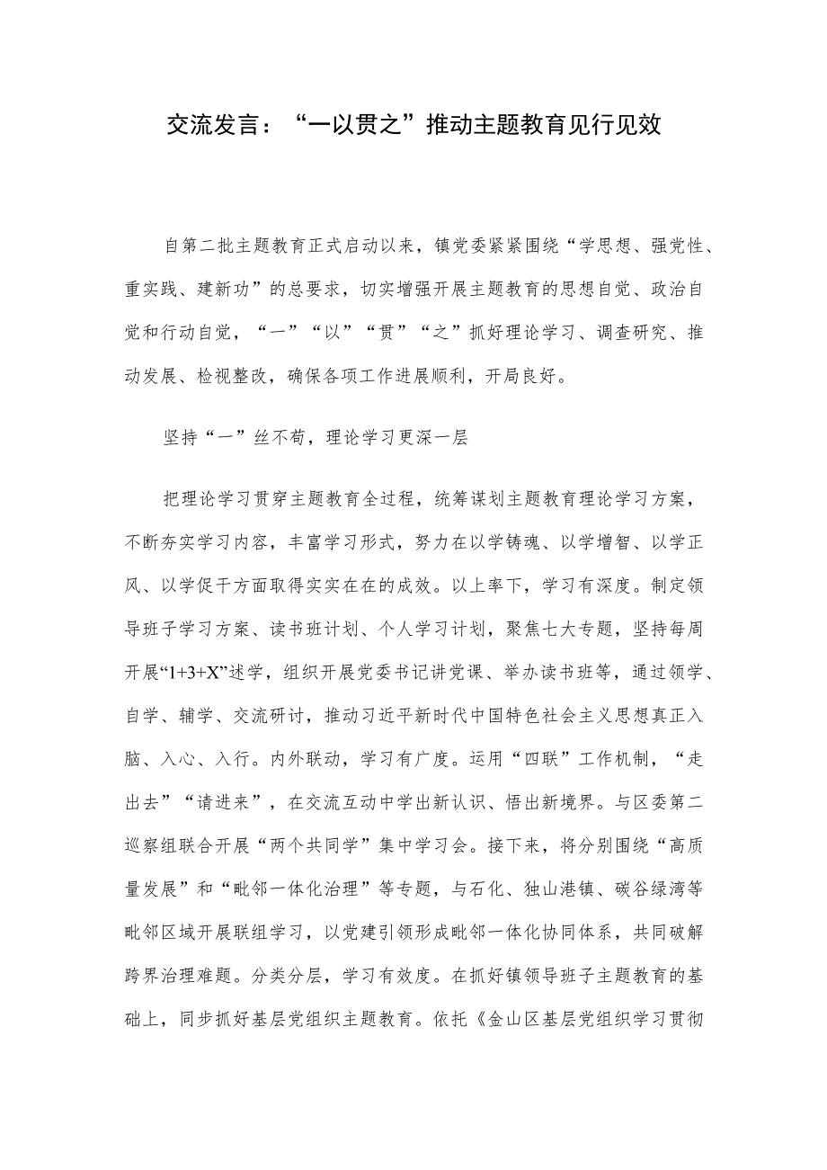 交流发言：“一以贯之”推动主题教育见行见效.docx_第1页