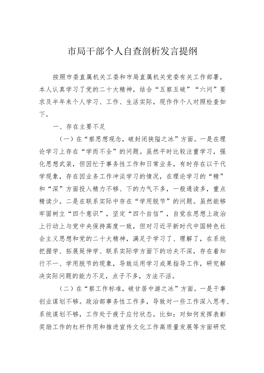 市局干部个人自查剖析发言提纲.docx_第1页