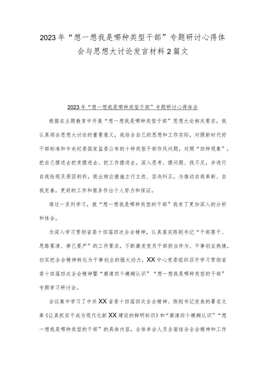 2023年“想一想我是哪种类型干部”专题研讨心得体会与思想大讨论发言材料2篇文.docx_第1页