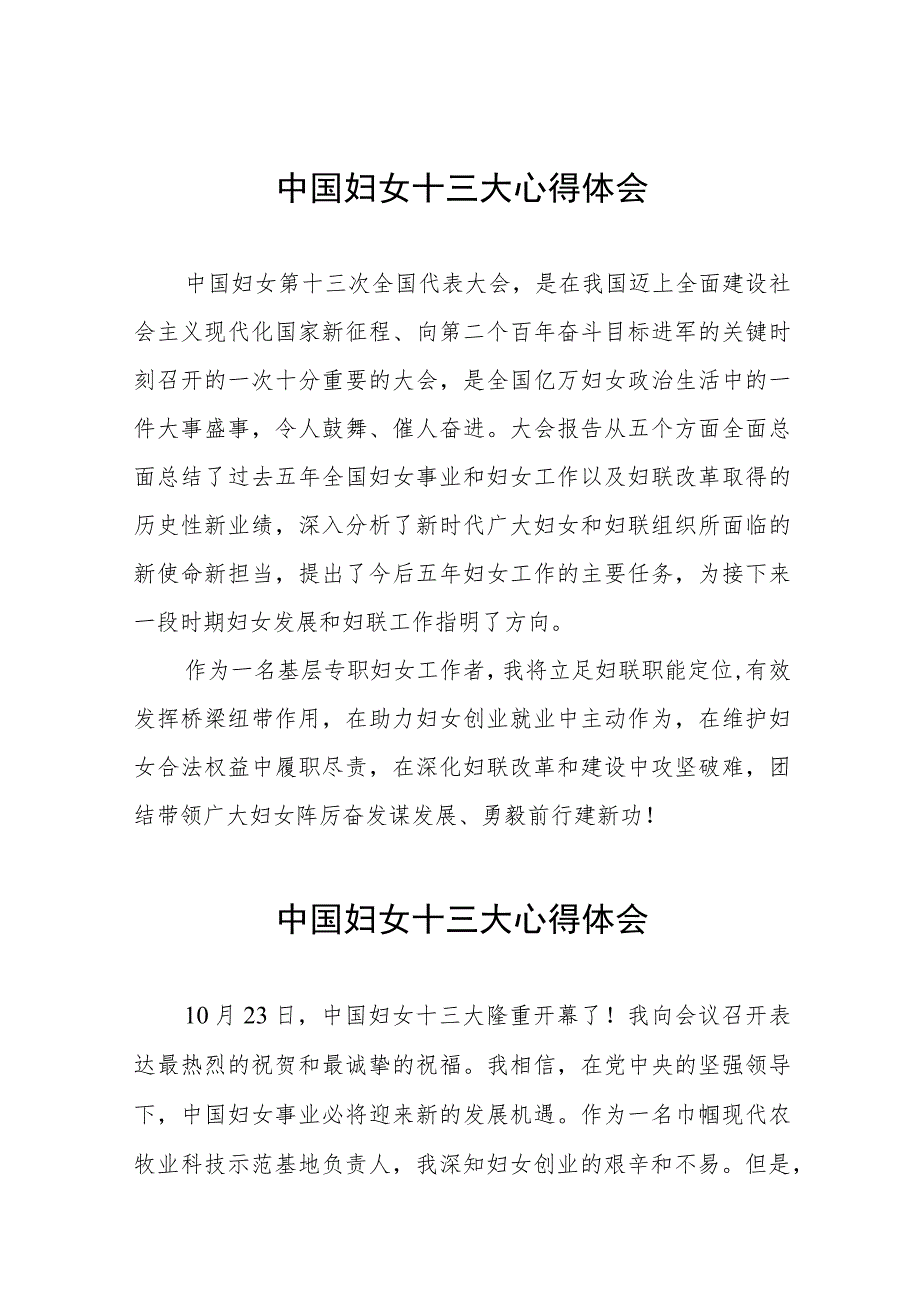 妇女工作者关于学习中国妇女十三大精神的心得体会十八篇.docx_第1页