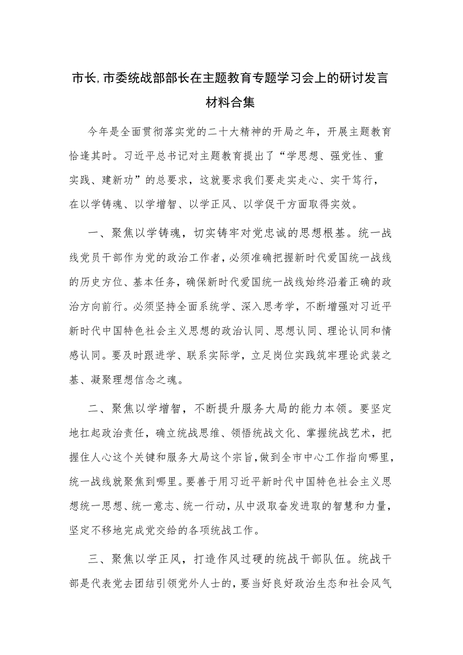 市长,市委统战部部长在主题教育专题学习会上的研讨发言材料合集.docx_第1页