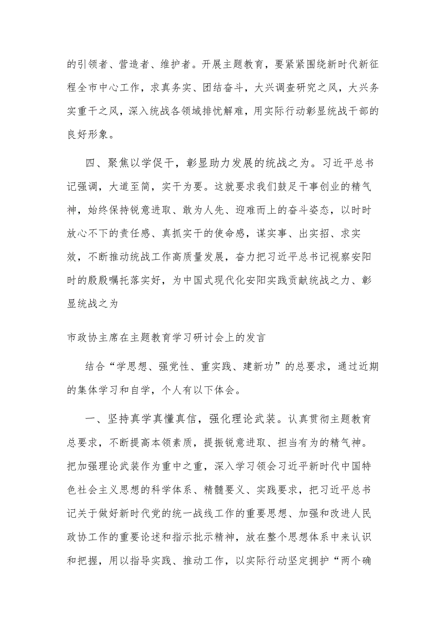 市长,市委统战部部长在主题教育专题学习会上的研讨发言材料合集.docx_第2页