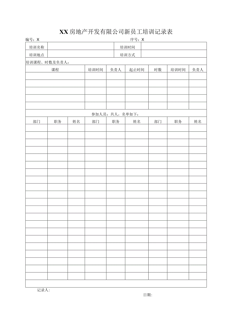 XX房地产开发有限公司新员工培训记录表（2023年）.docx_第1页