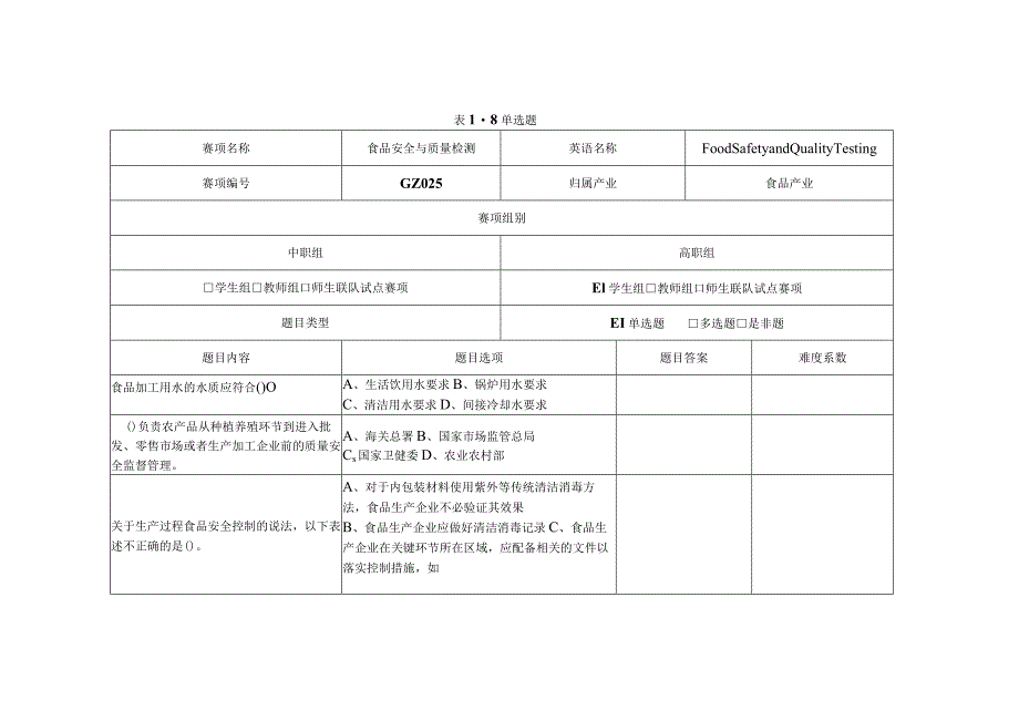 GZ025 食品安全与质量检测赛题第8套-2023年全国职业院校技能大赛赛项赛题.docx_第1页